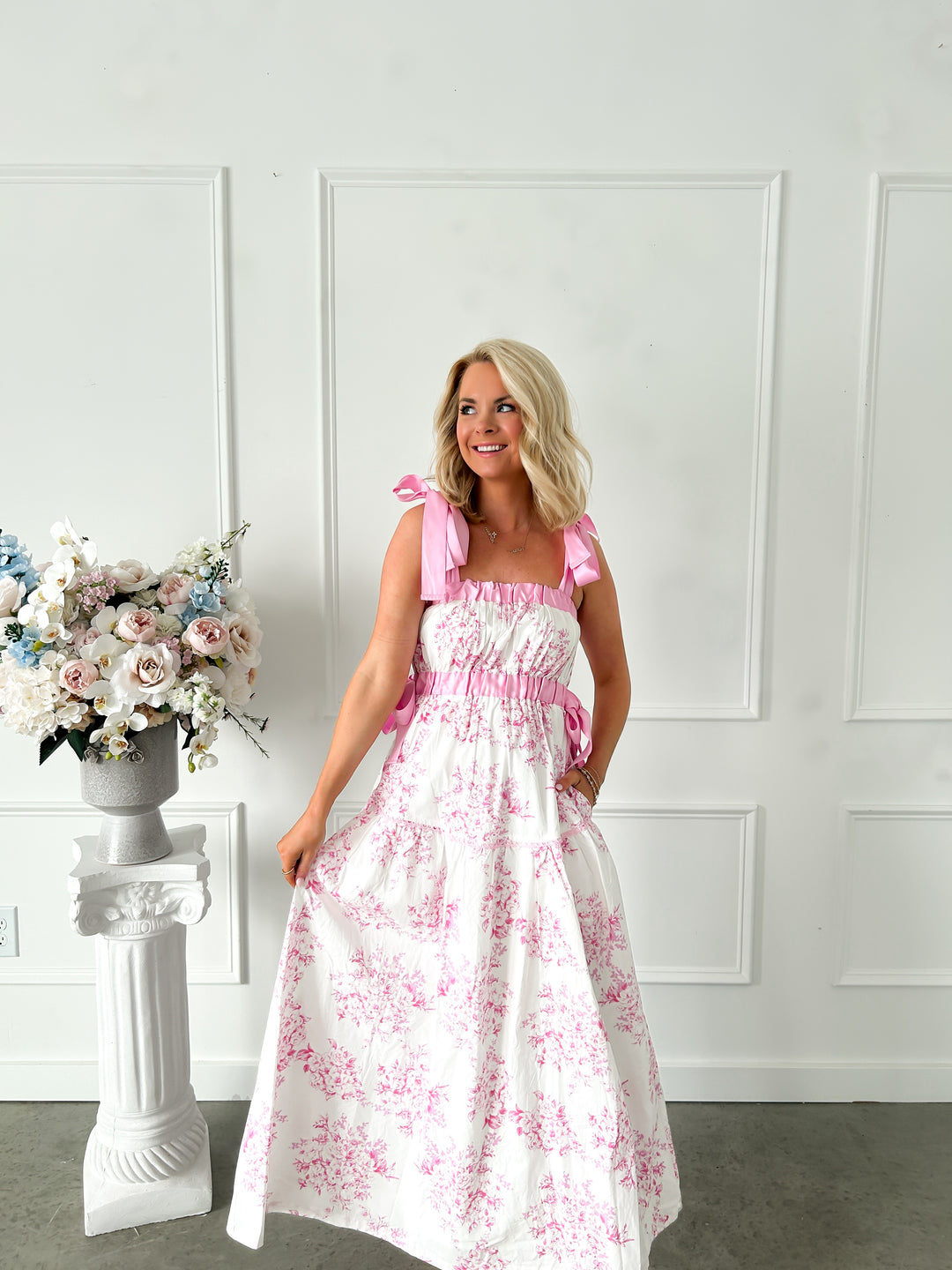 pink toile maxi dress Pink Tropical Toile Print Cotton Dress - Maxi Dresses