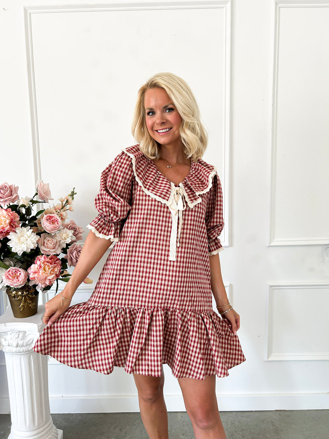 Feeling Feminine Burgundy Gingham Dress Medium