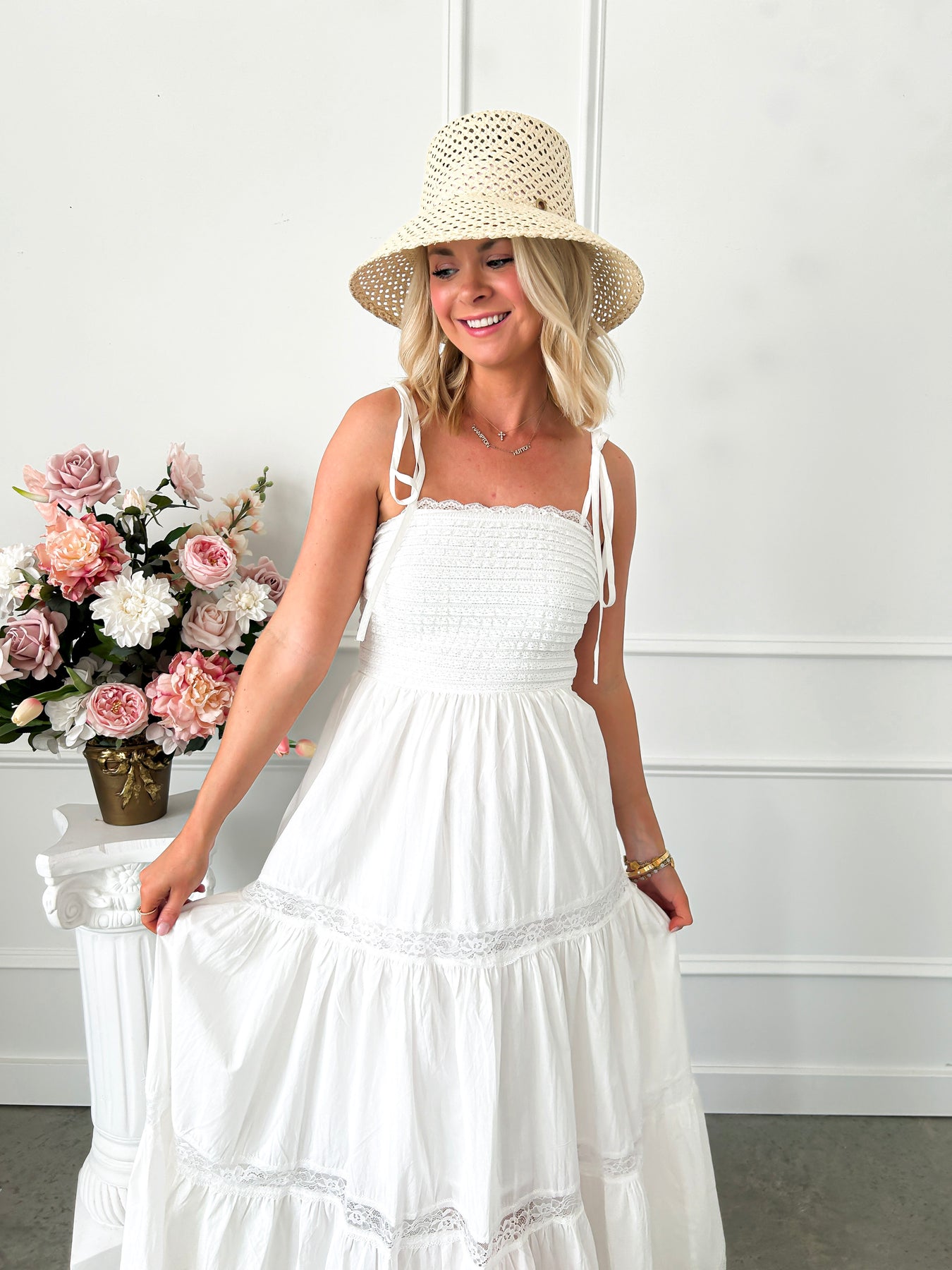 white midi flowy dress Mélisande white lace tiered maxi dress