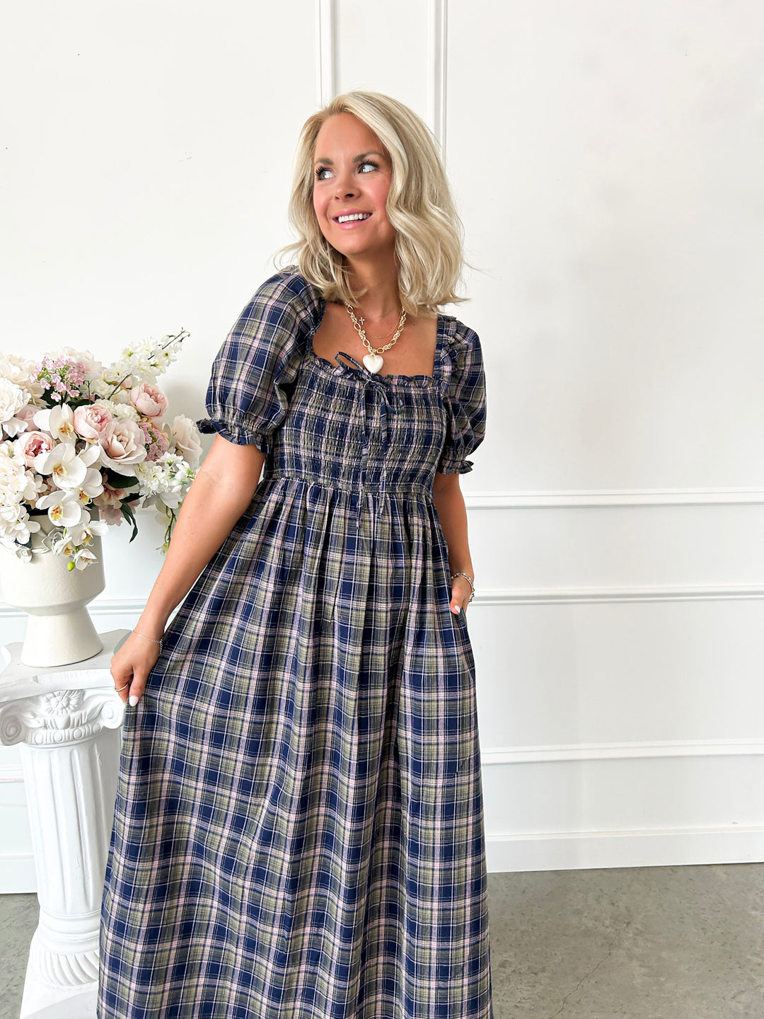 blue plaid dress plus size Free Fallin Navy Midi – Flourish in Frills Currently Trending A smocked midi dress Black Trench Dress Color:Off White (with NO Bow)