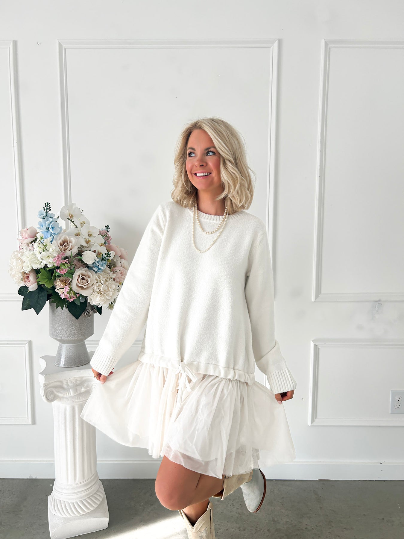 ice cream sweater dress Heather Beige Dress - Beige Sweater Dress - Skater Sweater Dress